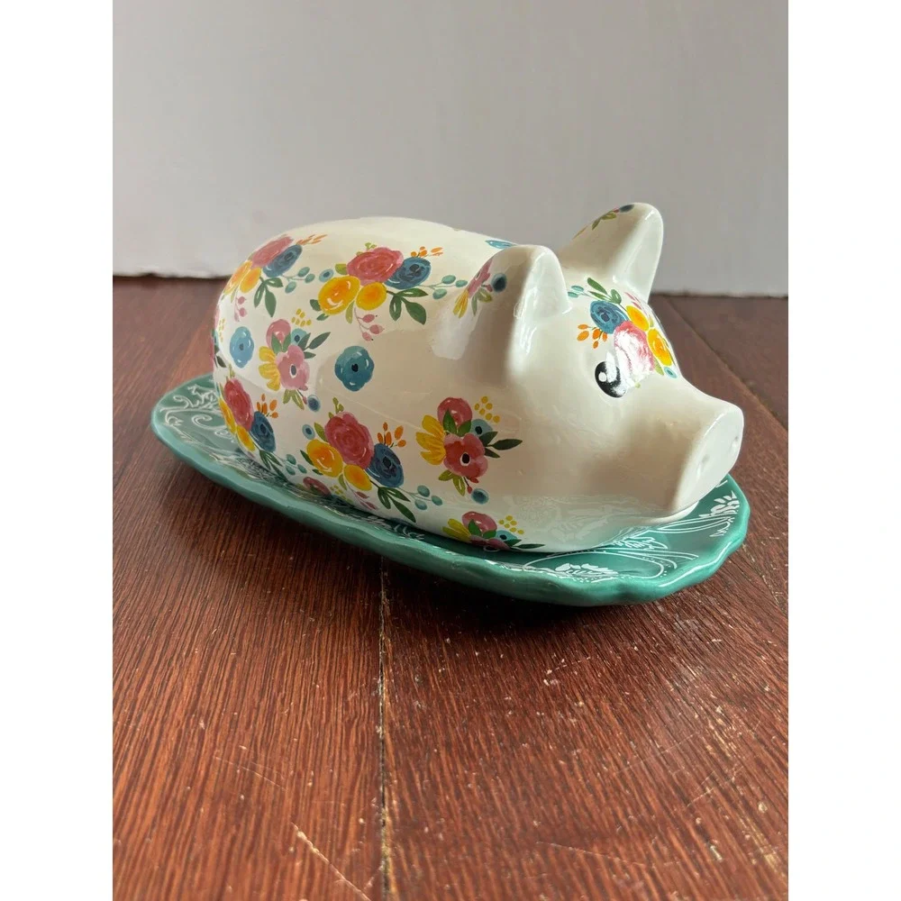 The Pioneer Woman Flea Market Floral Pig Butter Dish with Tray Teal Ceramic